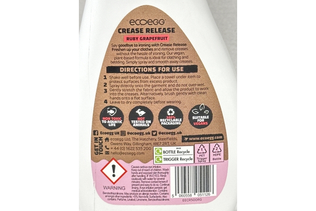 ecoegg Crease Release | Eradicating creases | No Chlorine bleaches | Plant-based formula | Vegan | Cruelty Free 100% Recycled Plastic + 100% Recyclable | Non-toxic to aquatic life | Ruby Grapefruit 500ml