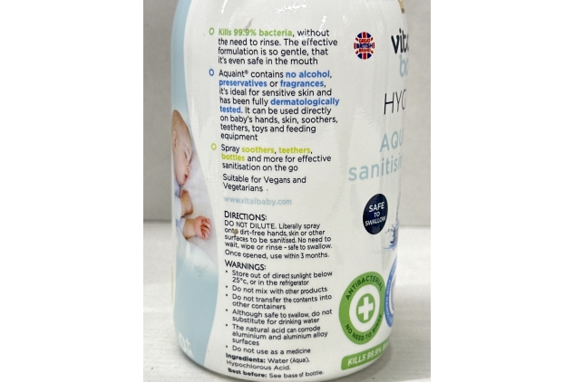 Vital Baby Hygiene AQUAINT Sanitising Water - Kills 99.9% of Germs - Baby Safe - No Alcohol, Fragrance or Harmful Chemicals – Safe to Swallow – Sanitise Baby Bottles, Soothers, Toys & Surfaces - Vegan 500ml