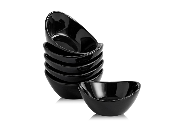 Swuut Ceramic Dipping Bowls Set of 6, 1.5 Oz White Dip Pinch Bowl, Soy Sauce Dishes, Mini Bowls for Charcuterie Board Sushi, Tomato Sauce, BBQ and Party Supplies (Black)