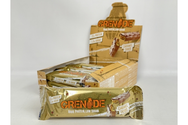 Grenade High Protein, Low Sugar Bar | Chocolate Caramel Chaos | 12 X 60g | BEST BEFORE DATE 31/08/2024