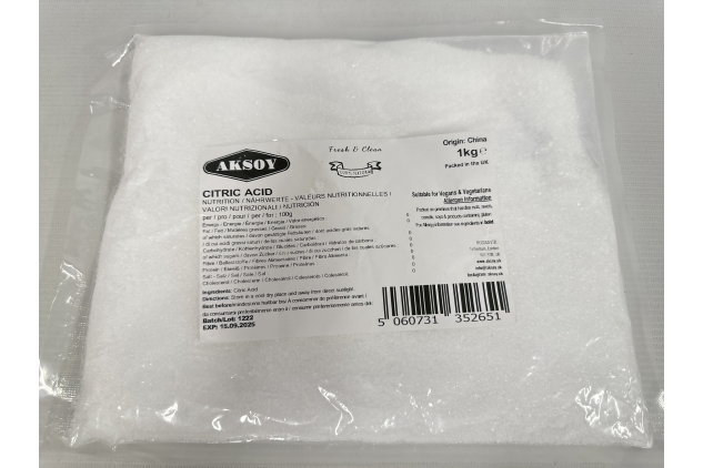 AKSOY Citric Acid Food Grade 1kg | Non-GMO, Make Your Own BathBomb, Sour Drinks, Household Cleaning with Citric Acid Powder