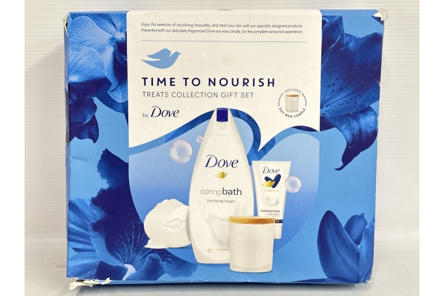 Dove Time to Nourish Treats Collection Bath soak, Hand Cream and Beauty Bar Gift Set with a soy wax candle skin care products for her 3 piece | OUTER BOX PACKAGING DAMAGED SEE PHOTOS