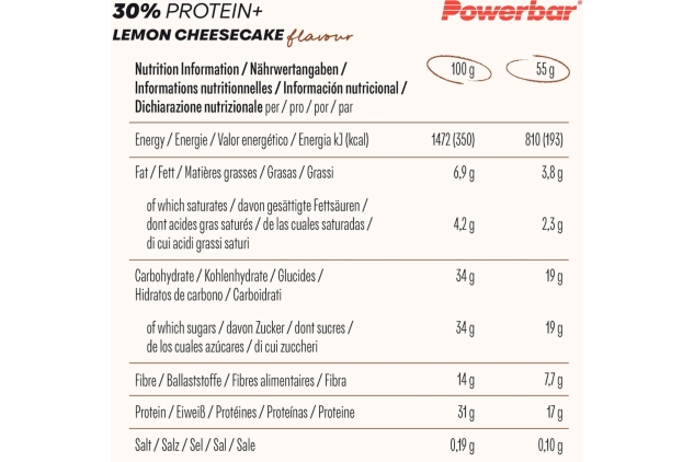 Powerbar 30 Percent Protein Plus Lemon Cheesecake 15 x 55 g - High Protein Bar + Whey and Casein Protein