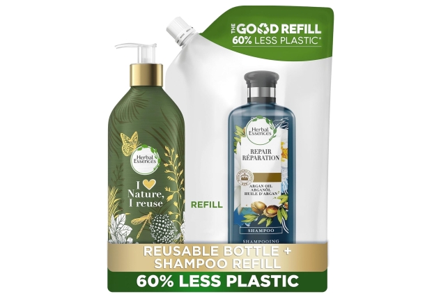 Herbal Essences Repair Argan Oil Shampoo for Damaged Hair in Refillable Aluminium Shampoo Bottle with Pump Dispenser and Refill Pouch, Sustainable Gift Set with 60% Less Plastic, 910 ml