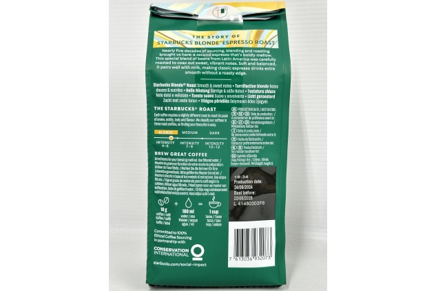 STARBUCKS Blonde Espresso Roast, Blonde Roast, Whole Beans Coffee 200g (Pack of 6)