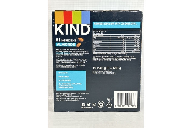 KIND Bars, Gluten Free Snack Bars, Almond & Coconut, High Fibre, Healthy Snack | 12 X 40g | BBE 06/12/2024