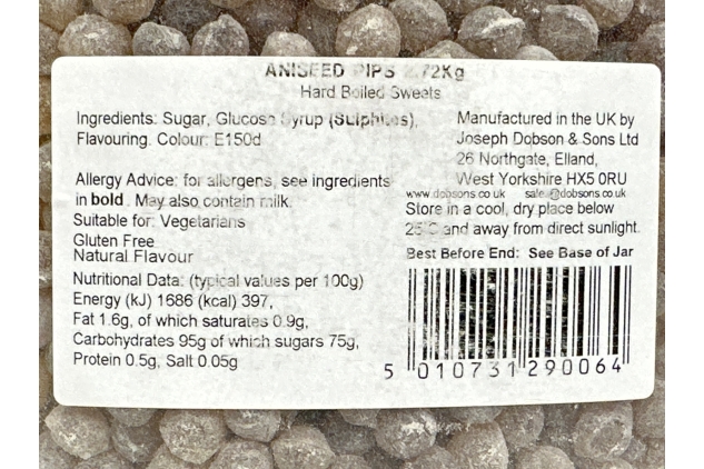 Joseph Dobson & Sons Ltd. Aniseed Pips Sweets 2.72 kg Jar | Best Before Date 30/09/2024