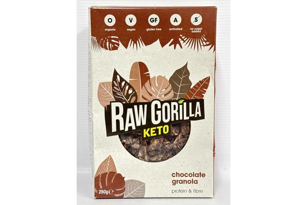 Raw Gorilla Keto Chocolate Granola 1 Pack of 250g | Low Sugar, Vegan, No Added Sugar, Low Carb 4g Net Carbs, Plant Based Breakfast Cereal with Activated Nuts, Grain & Gluten Free