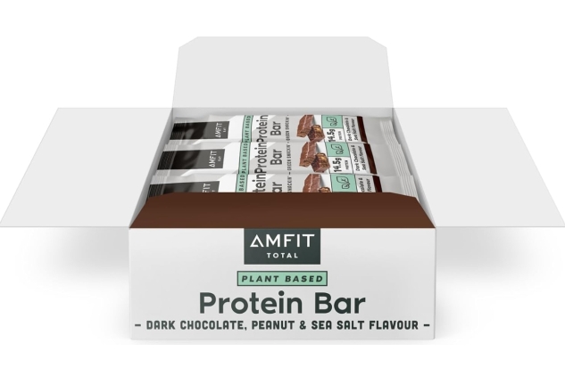 Amfit Nutrition Low Sugar Plant Protein Bar, Dark Chocolate & Sea Salt Flavour, 55g, Pack of 12 | Best Before Date 22/06/2024