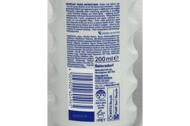 Nivea Sun Sensitive Immediate Protect SPF50 Sensitive Skin 200ml - Missing Lid