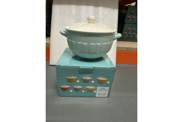 Soup Bowl With Lid Fine China Light Blue & White Colour Panel Design