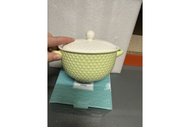 Soup Bowl With Lid Fine China Light Green & White Colour Spotty Design