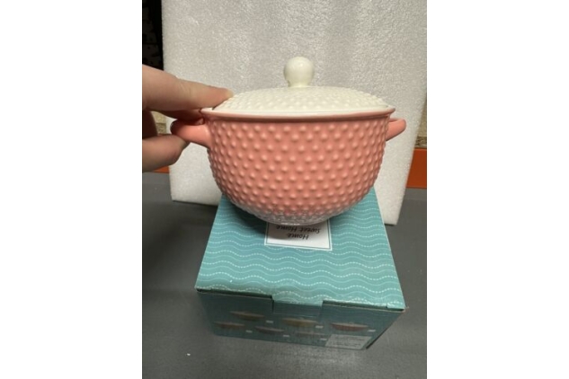 Soup Bowl With Lid Fine China Pink & White Colour Spotty Design