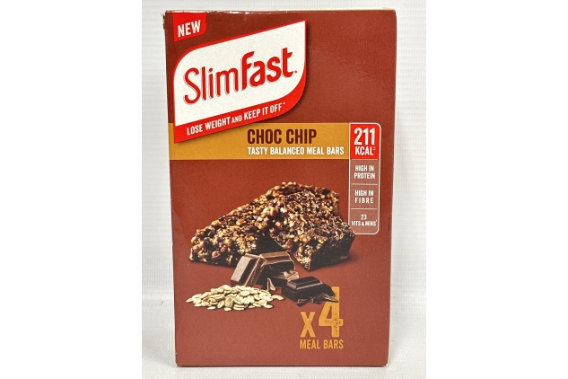 SlimFast Tasty Balanced Meal Bar, Low Calorie Replacement Bars for Weight Loss and Diet, High Protein, Healthy Snacks for Adults with 23 Vitamins and Minerals, Chocolate Chip Flavour, Multipack, 4 X 60g | BBE 30/11/2024