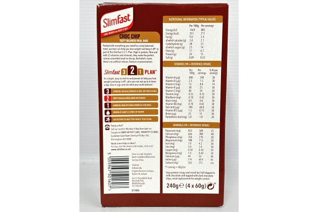 SlimFast Tasty Balanced Meal Bar, Low Calorie Replacement Bars for Weight Loss and Diet, High Protein, Healthy Snacks for Adults with 23 Vitamins and Minerals, Chocolate Chip Flavour, Multipack, 4 X 60g | BBE 30/11/2024