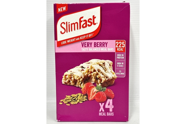 SlimFast Tasty Balanced Meal Bar, Low Calorie Replacement Bars for Weight Loss and Diet, High Protein, Healthy Snacks for Adults with 23 Vitamins and Minerals, Very Berry Flavour, Multipack, 4 X 60g | Best Before Date 31/10/2024