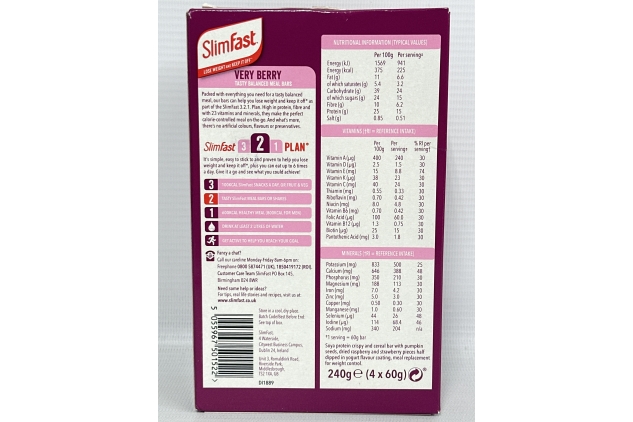 SlimFast Tasty Balanced Meal Bar, Low Calorie Replacement Bars for Weight Loss and Diet, High Protein, Healthy Snacks for Adults with 23 Vitamins and Minerals, Very Berry Flavour, Multipack, 4 X 60g | Best Before Date 31/10/2024