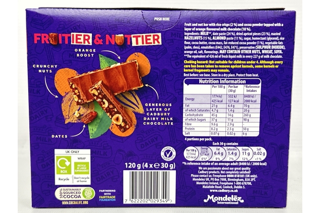 Cadbury Dairy Milk Fruitier & Nuttier Orange Boost Bars 30g | 44 Bars | Bulk Buy Deal | BBE 21/11/2024