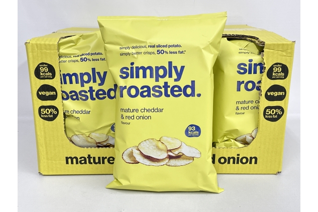 Simply Roasted – Mature Cheddar & Red Onion Crisps 12 x 93g Share Bag | 50% less fat | 25% less salt | Less than 99 calories | triple roasted crunchy potato crisps (Box of 12 x 93g bags) Best Before Date 17/10/2024