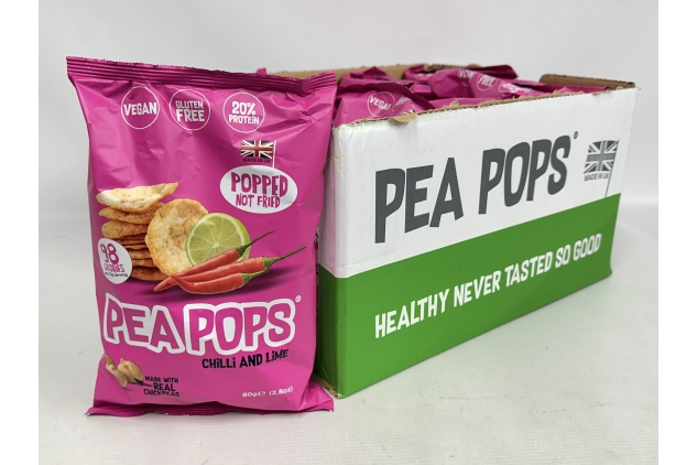 Pea Pops Healthy Chickpea Crisps - Low Calorie, Gluten Free, Plant-based Protein Snacks that are Popped (Not Baked or Fried) 12 x 80g, Chilli & Lime | BBE 04/01/2025