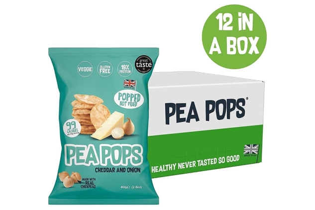 Pea Pops Healthy Chickpea Crisps - Low Calorie, Gluten Free, Plant-based Protein Snacks that are Popped (Not Baked or Fried) 12 x 80g, Cheddar & Onion