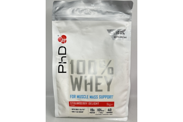 PhD Nutrition 100 Percent Whey, Grass Fed Whey, Lean Muscle Protein Powder, Rich in BCAA and Low Calorie, Strawberry Delight, High Protein, 40 Servings per 1 kg Bag