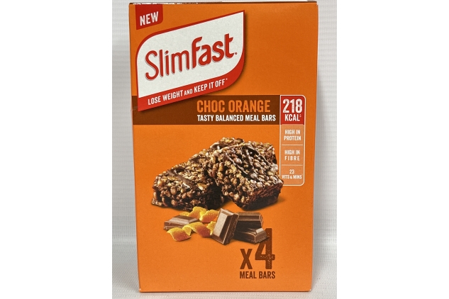 SlimFast Tasty Balanced Meal Bar, Low Calorie Replacement Bars for Weight Loss and Diet, High Protein, Healthy Snacks for Adults with 23 Vitamins and Minerals, Chocolate Orange Flavour, Multipack, 4 X 60 g | BBE 31/12/2024