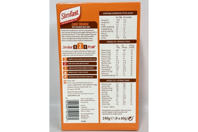 SlimFast Tasty Balanced Meal Bar, Low Calorie Replacement Bars for Weight Loss and Diet, High Protein, Healthy Snacks for Adults with 23 Vitamins and Minerals, Chocolate Orange Flavour, Multipack, 4 X 60 g | BBE 31/12/2024