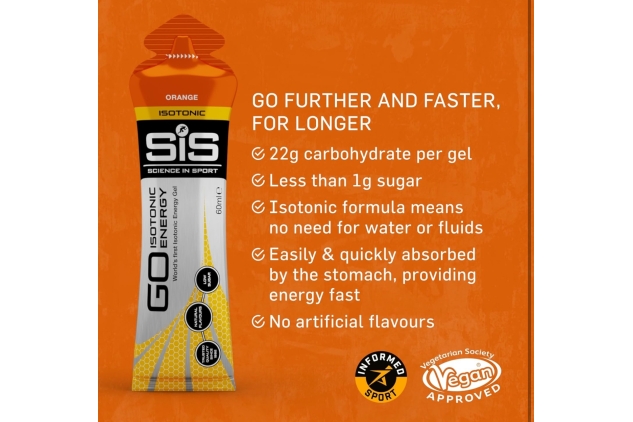 Science In Sport GO Isotonic Energy Gels, Running Gels with 22 g Carbohydrates, Low Sugar, Orange Flavour, 60 ml Per Serving (30 Pack) BEST BEFORE DATE 30/09/2024