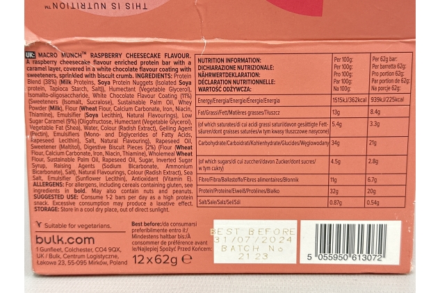 Bulk Macro Munch Protein Bar, Raspberry Cheesecake, 62 g, Pack of 12 | BEST BEFORE DATE 31/07/2024