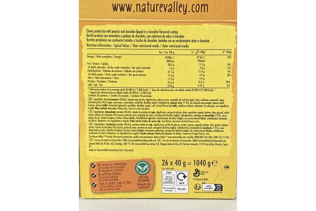 Nature Valley Protein Peanut & Chocolate Gluten Free Cereal Bars, 40 g (Pack of 26) Best Before Date 22/09/2024