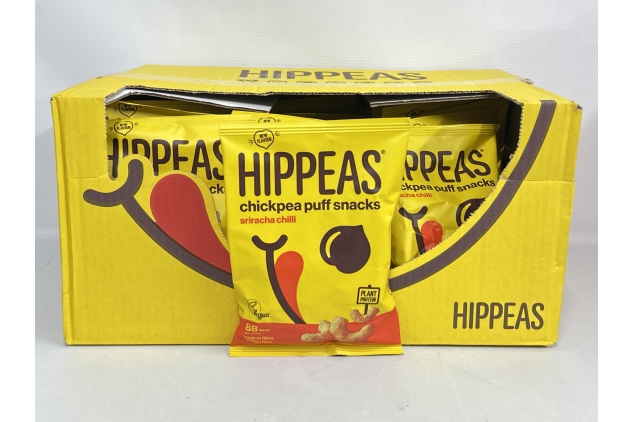 Hippeas Hot Chilli Sriracha Chickpea Puff Vegan Crisps | 24 x 22g Snack Bags | Plant-Based, Source of Protein & Fibre | Free from Gluten & Artificial Flavours, Light & Crunchy, 91 calories per serving | BEST BEFORE DATE 16/08/2024