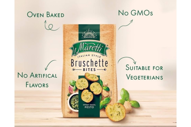 Maretti Bruschetta Chips Sweet Basil Pesto Flavour 150g | Oven-Baked Crispy Snack Bites (Pack Of 2)