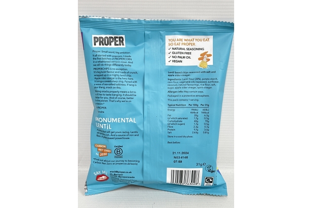 PROPER CHIPS Salt & Vinegar Lentil Chips, 30 x 31g | Healthy Crisps Snack Alternative | Vegan & Gluten Free | BBE 21/11/2024