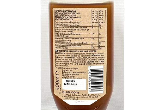 Bulk Zero Calorie Syrup, Sugar Free, GOLDEN SYRUP 400 ml, 80 Servings | BBE 03/2025