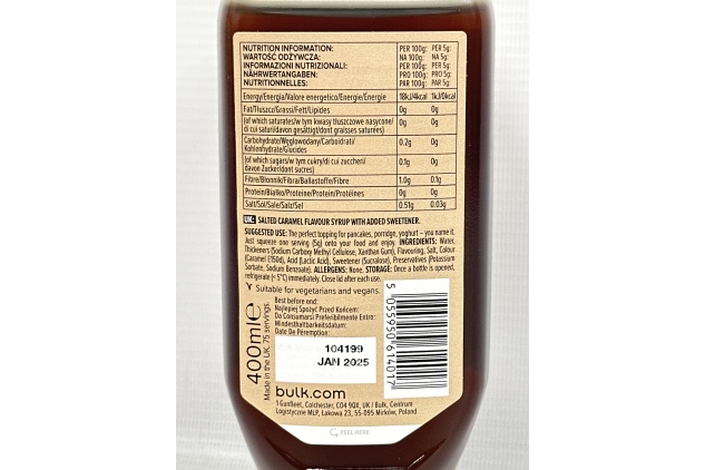 Bulk Zero Calorie Syrup, Sugar Free, SALTED CARAMEL 400 ml, 80 Servings | BBE 31/01/2025