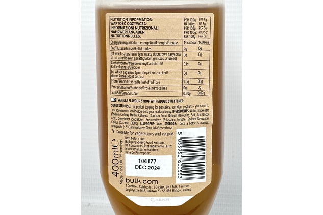 Bulk Zero Calorie Syrup, Sugar Free, VANILLA, 400 ml, 80 Servings | BBE 31/12/2024