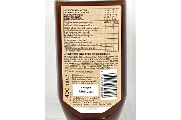 Bulk Zero Calorie Syrup, Sugar Free, BUTTERSCOTCH, 400 ml, 80 Servings | BBE 31/03/2025