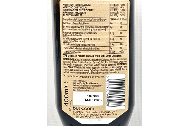 Bulk Zero Calorie Syrup, Sugar Free, CHOCOLATE CARAMEL, 400 ml, 80 Servings | BBE 31/03/2025