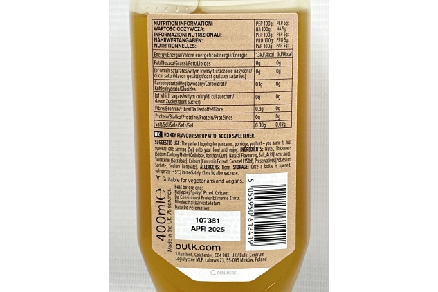 Bulk Zero Calorie Syrup, Sugar Free, HONEY, 400 ml, 80 Servings | BBE 30/04/2025