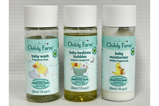 Childs Farm Travel Size Bottles Baby Wash, Bath Bubbles & Moisturiser 3 X 30ml | Great Stocking Filler