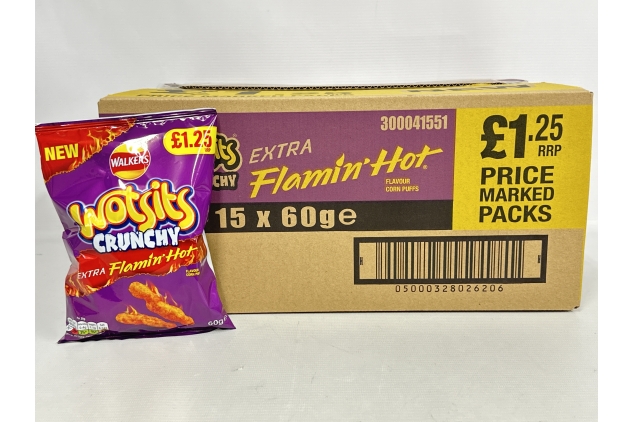 Walkers Wotsits Crunchy Extra Flamin' Hot Crisps 60g Large Bags (15 Bags x 60g) Best Before Date 10/11/2024