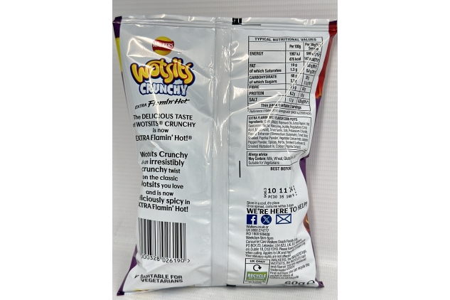 Walkers Wotsits Crunchy Extra Flamin' Hot Crisps 60g Large Bags (15 Bags x 60g) Best Before Date 10/11/2024