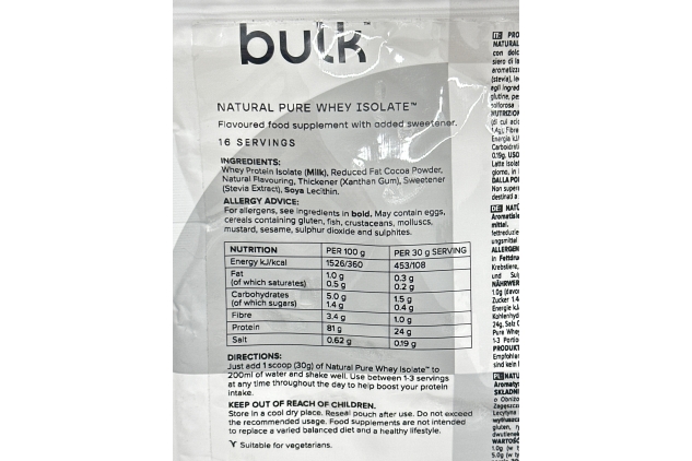 Bulk Natural Pure Whey Isolate 500g | 16 Servings | CHOCOLATE Flavour