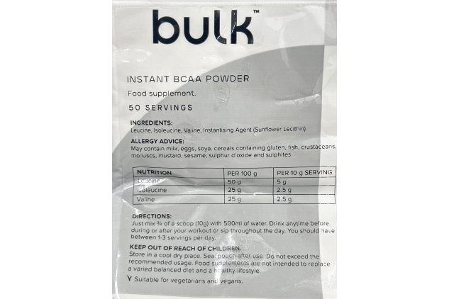 Bulk Instant BCAA Powder Food Supplement 500g | 50 Servings | UNFLAVOURED