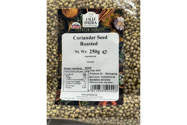 Old India Coriander Seed Roasted 250g Best Before 20/10/2024