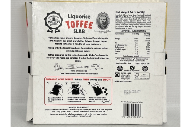 Walkers NONSUCH Original Liquorice Toffee Slab - 400g | BEST BEFORE DATE 12/09/2024