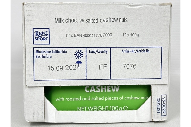 Ritter Sport Milk Chocolate with Cashew 100g (Pack of 12) BEST BEFORE DATE 15/09/2024