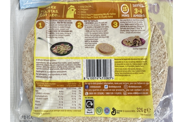 Old El Paso 8 Regular Whole Wheat Tortillas, 326g | BBE 23/12/2024