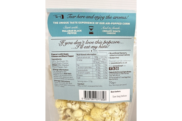 Joe & Sephs Goats Cheese and Black Pepper Popcorn 70g Pouch (Pack of 4) Best Before Date 30/11/2024